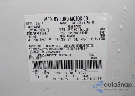 2017 Ford Explorer Xlt из США, поврежденный, VIN 1FM5K8D82HGD01284